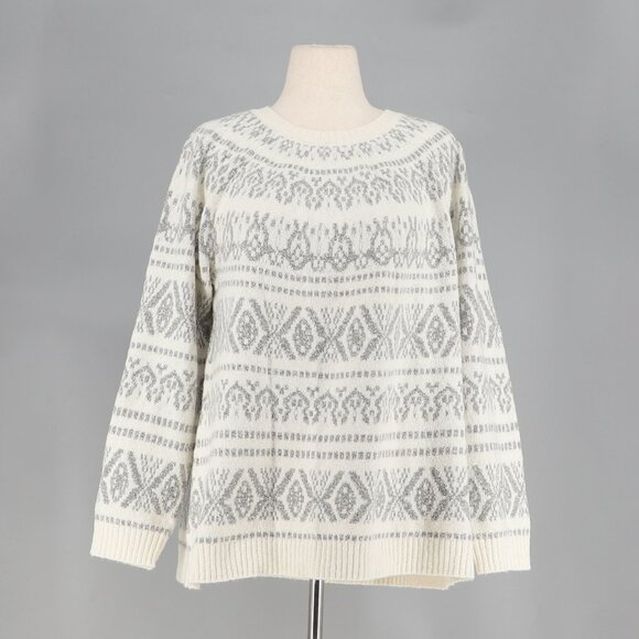J.JILL Fair Isle Cable Knit Cozy Sweater Barley Ivory/Gray Size 1X - Picture 2 of 7